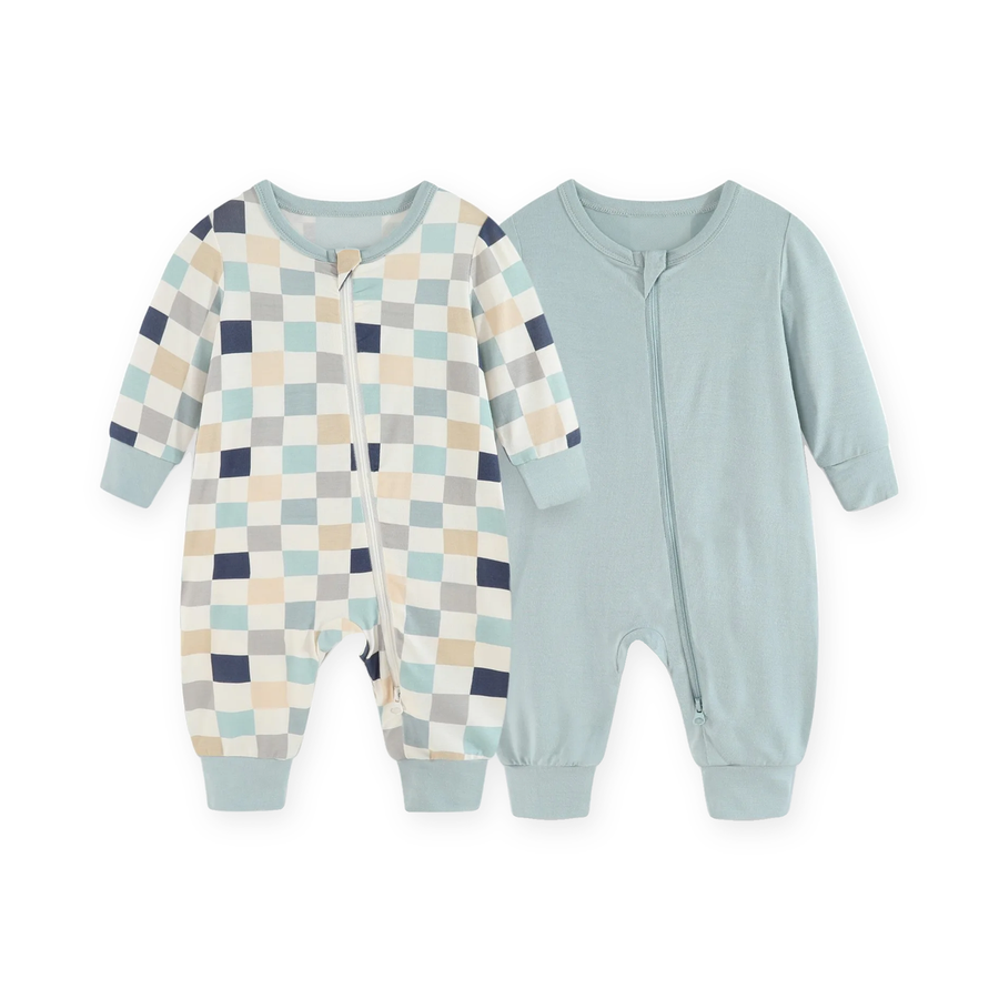 Seafoam Checker 2-Pack Rompers — Seafoam Checker — Front view — image 1