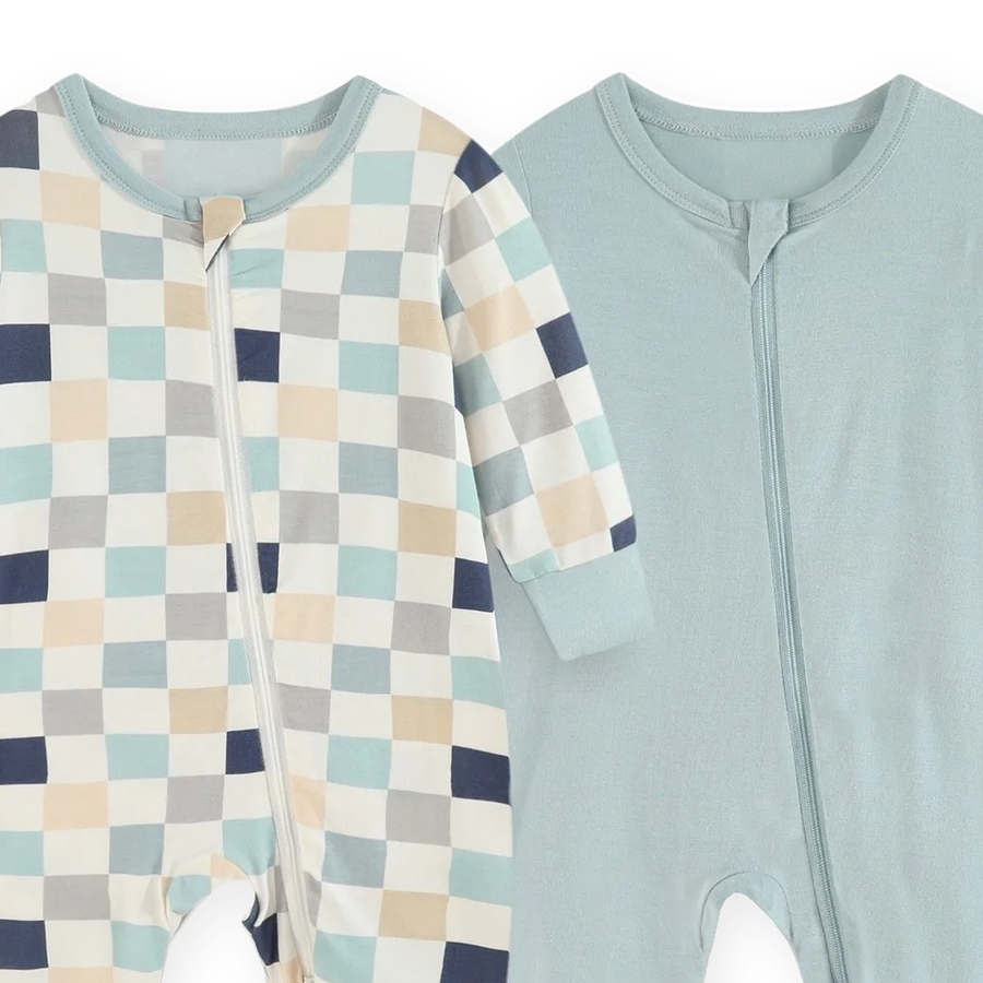 Seafoam Checker 2-Pack Rompers — Seafoam Checker — Zipper detail — image 3