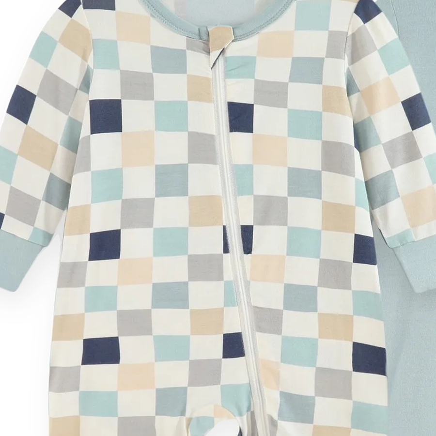Seafoam Checker 2-Pack Rompers — Seafoam Checker — Zipper detail — image 4