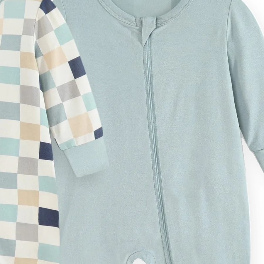 Seafoam Checker 2-Pack Rompers — Seafoam Checker — Zipper detail — image 5