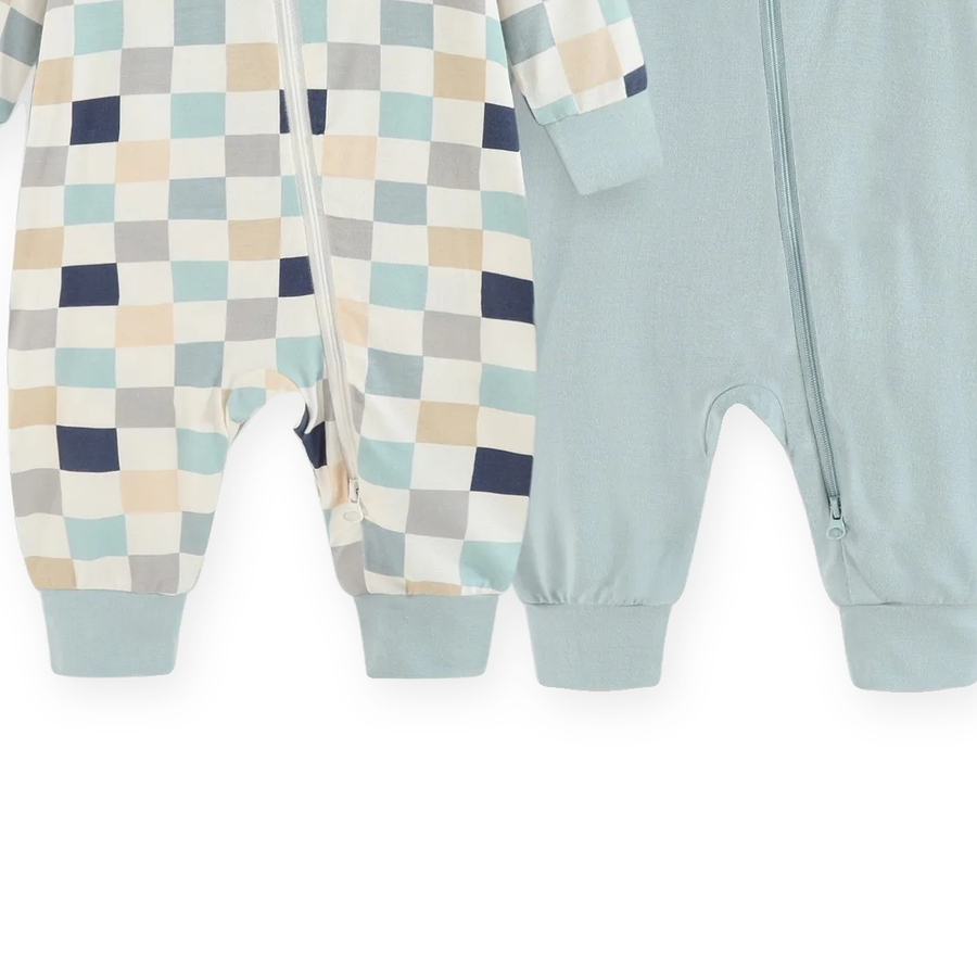 Seafoam Checker 2-Pack Rompers — Seafoam Checker — Zipper detail — image 6