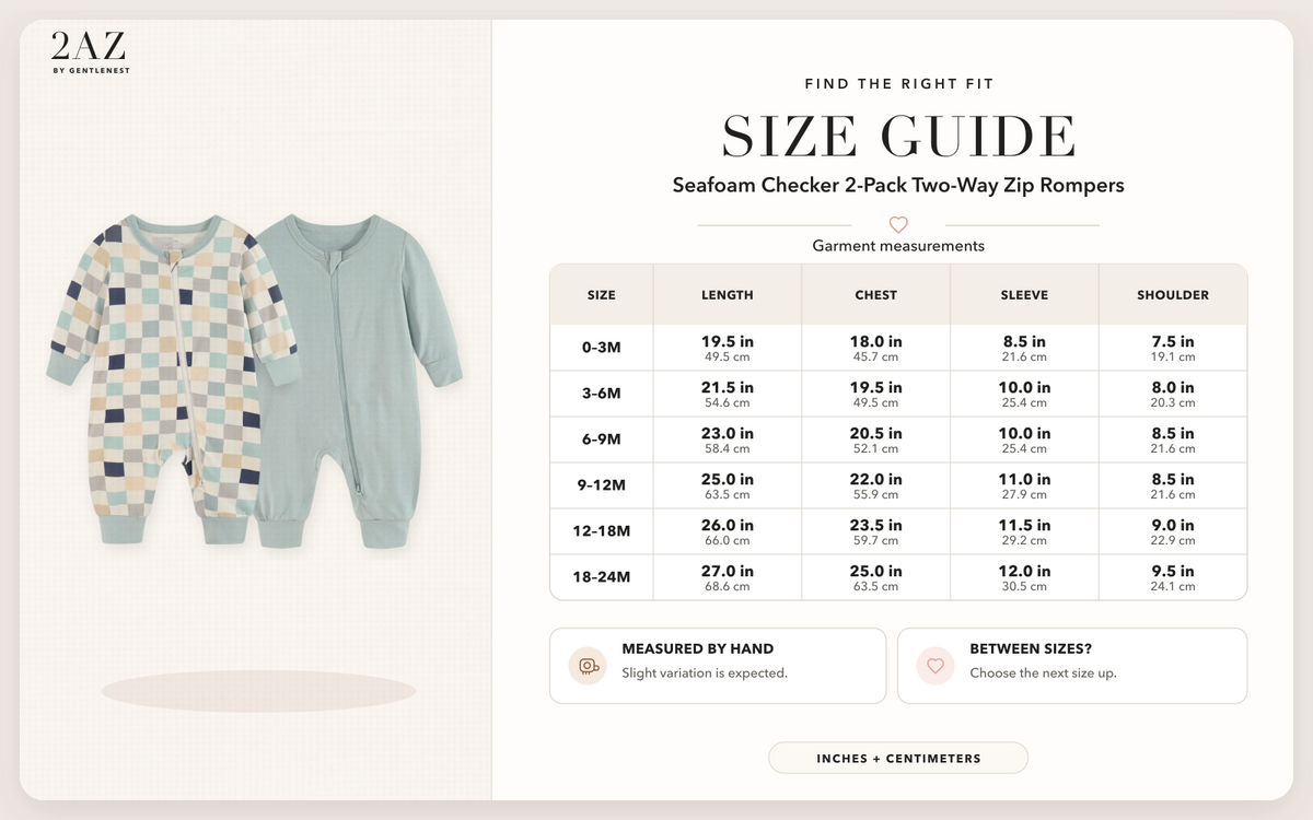 Product-specific size guide for Seafoam Checker 2-Pack Rompers