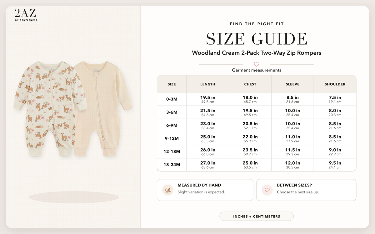 Product-specific size guide for Woodland Cream 2-Pack Rompers