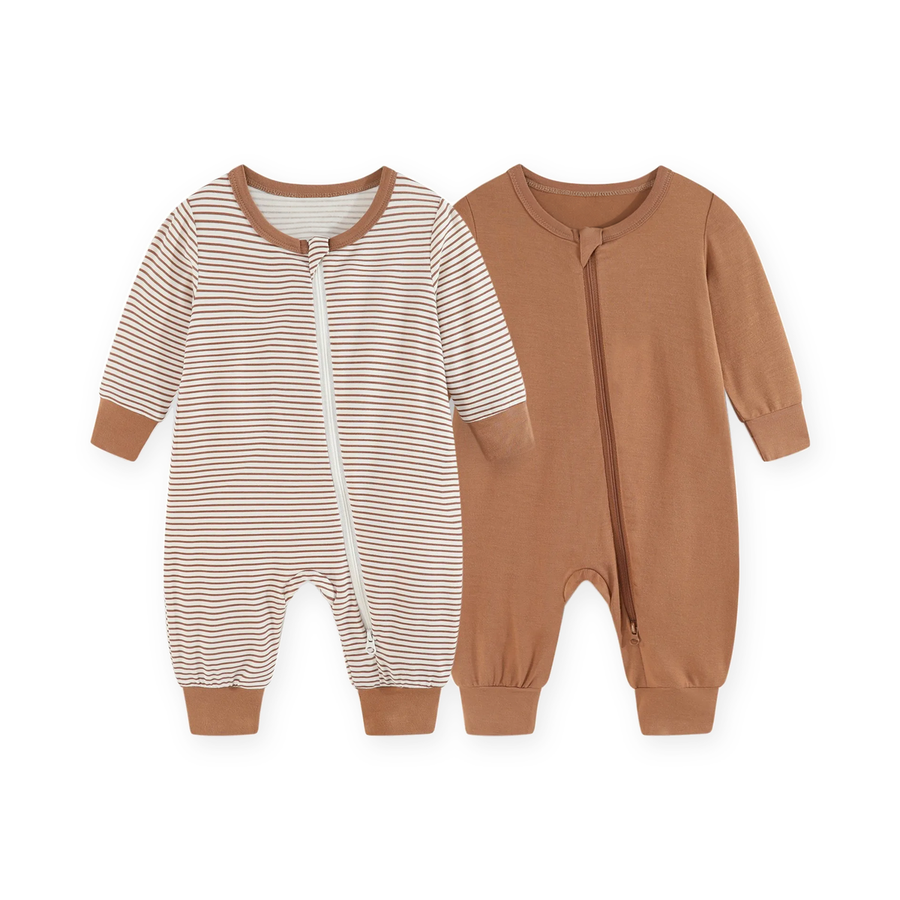Mocha Stripe 2-Pack Rompers — Mocha Stripe — Front view — image 1