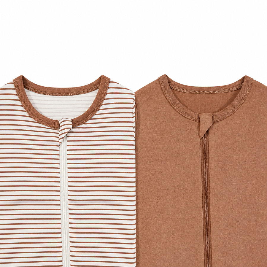 Mocha Stripe 2-Pack Rompers — Mocha Stripe — Zipper detail — image 3