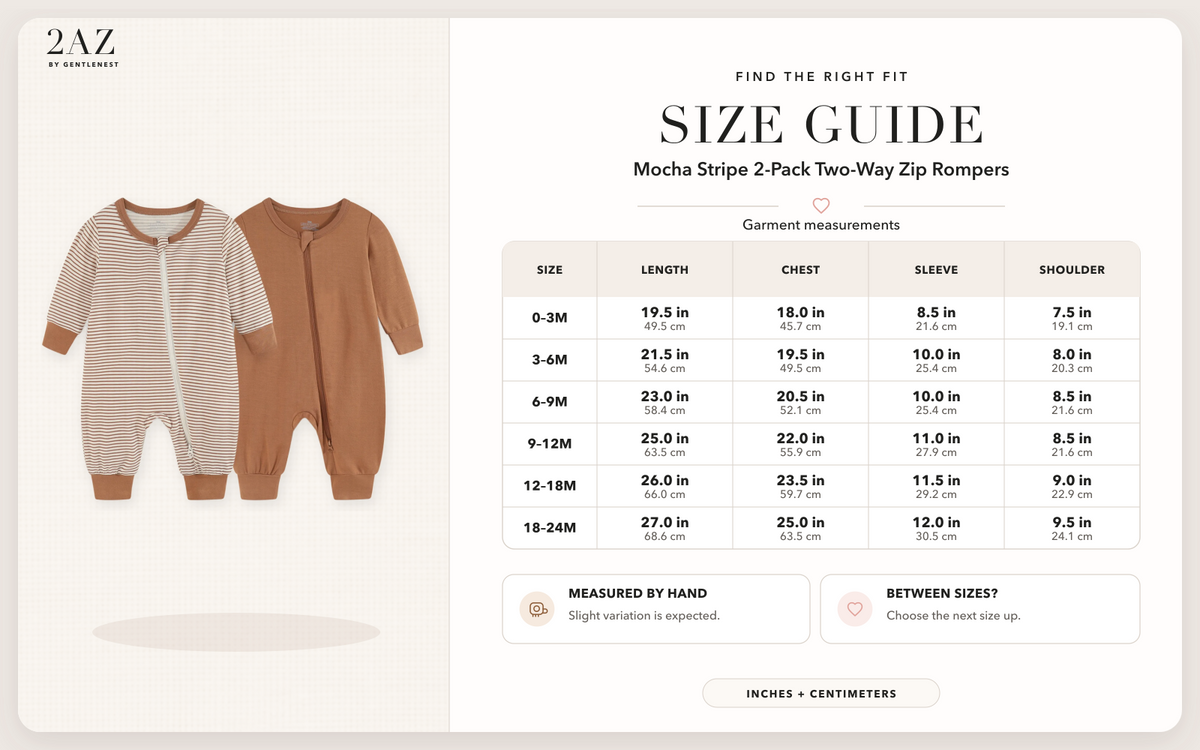 Product-specific size guide for Mocha Stripe 2-Pack Rompers
