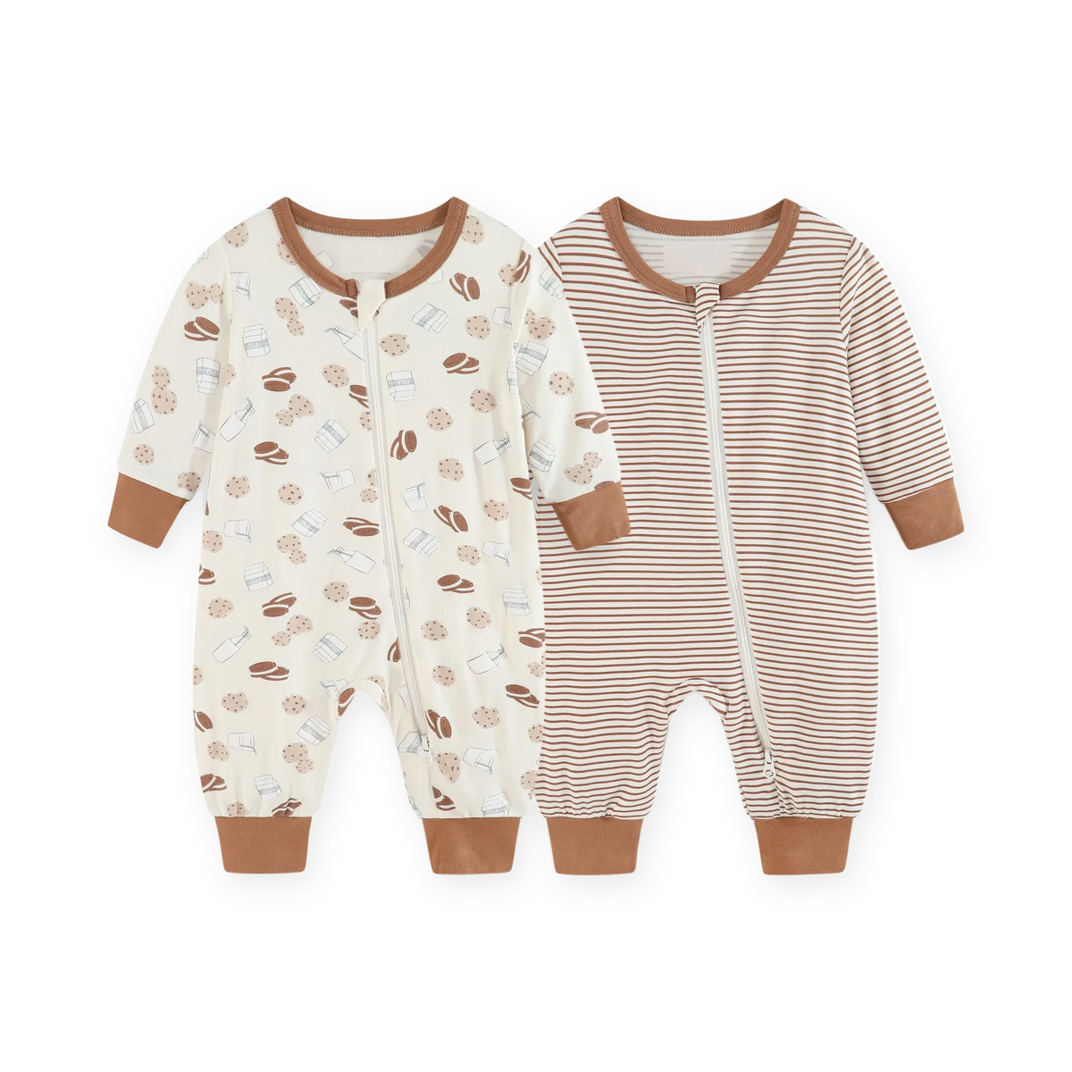 Milk & Cookies 2-Pack Rompers — Milk & Cookies + Mocha Stripe — Front view — image 1