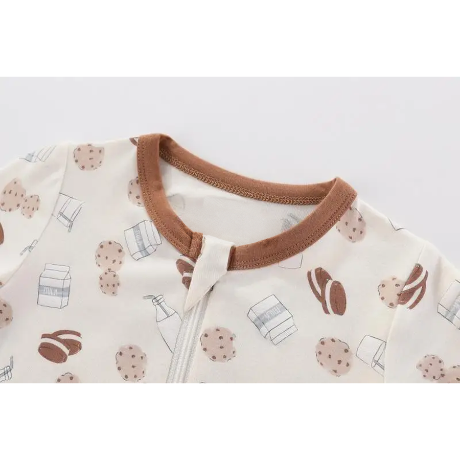 Milk & Cookies 2-Pack Rompers — Milk & Cookies + Mocha Stripe — Neckline and seam detail — image 4