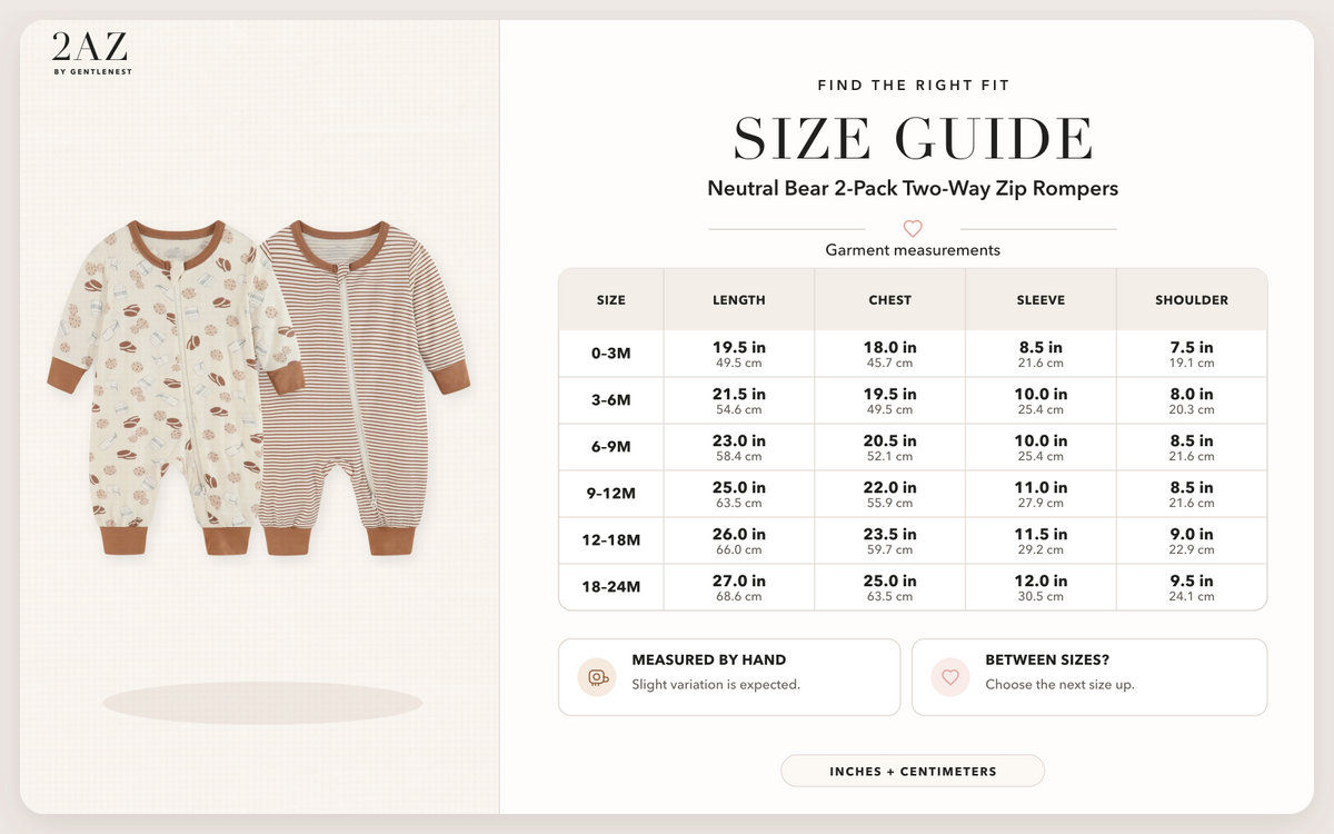 Product-specific size guide for Milk & Cookies 2-Pack Rompers