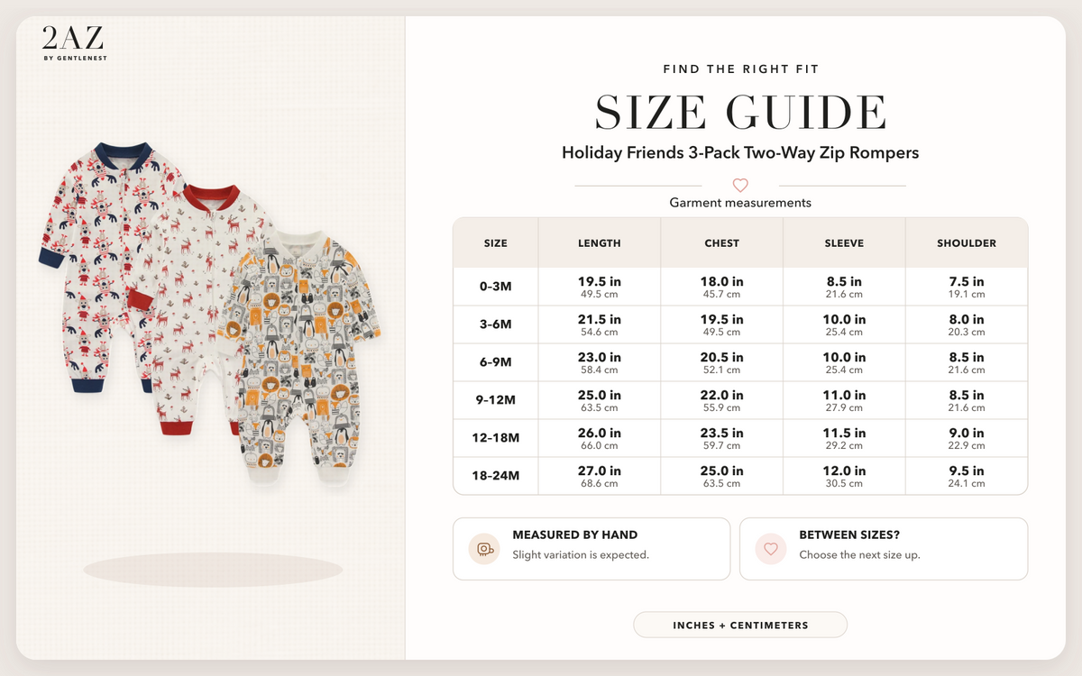 Product-specific size guide for Holiday Friends 3-Pack Rompers