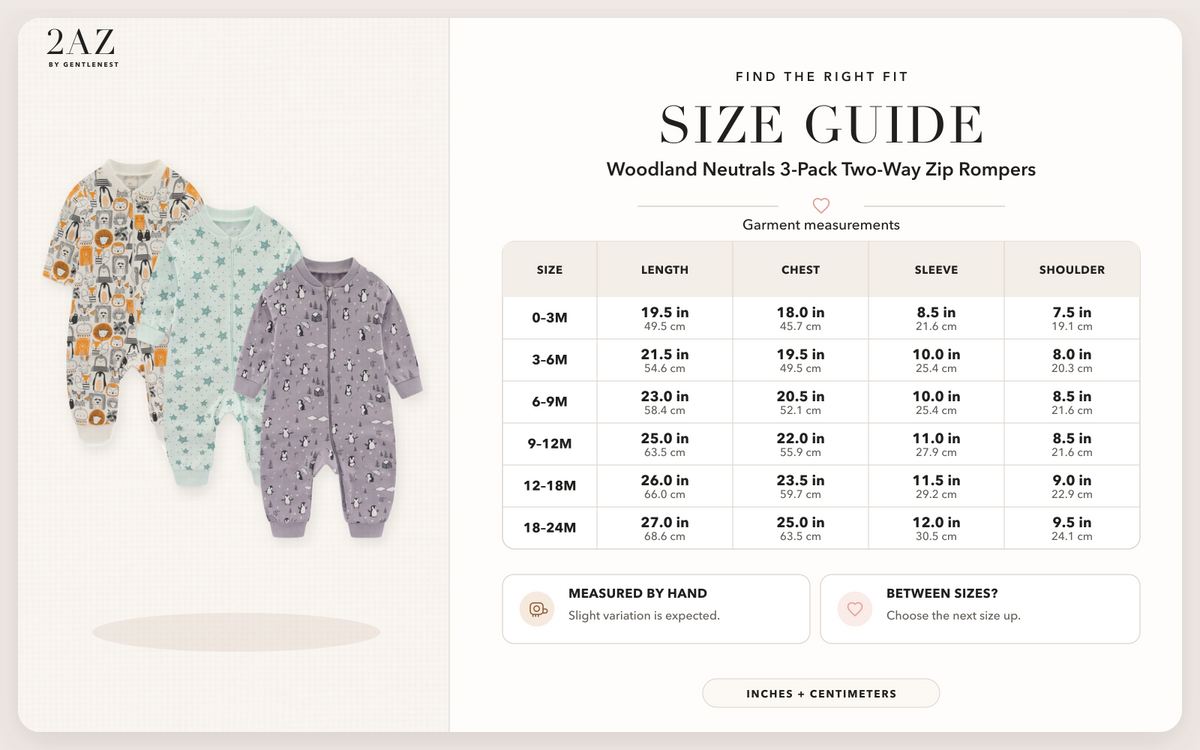 Product-specific size guide for Woodland Neutrals 3-Pack Rompers
