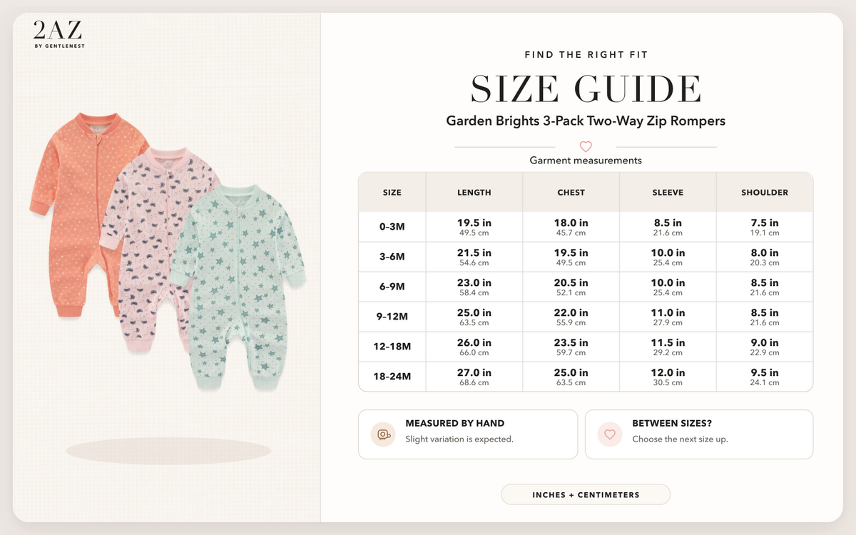 Product-specific size guide for Garden Brights 3-Pack Rompers