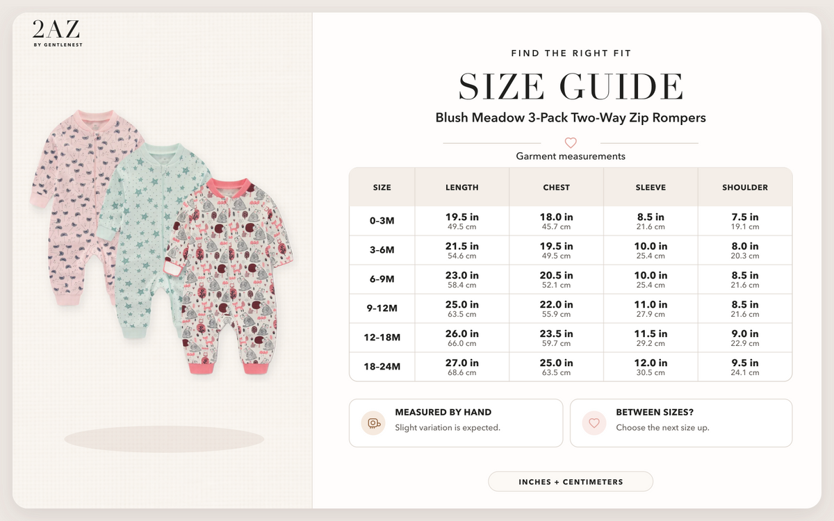 Product-specific size guide for Blush Meadow 3-Pack Rompers