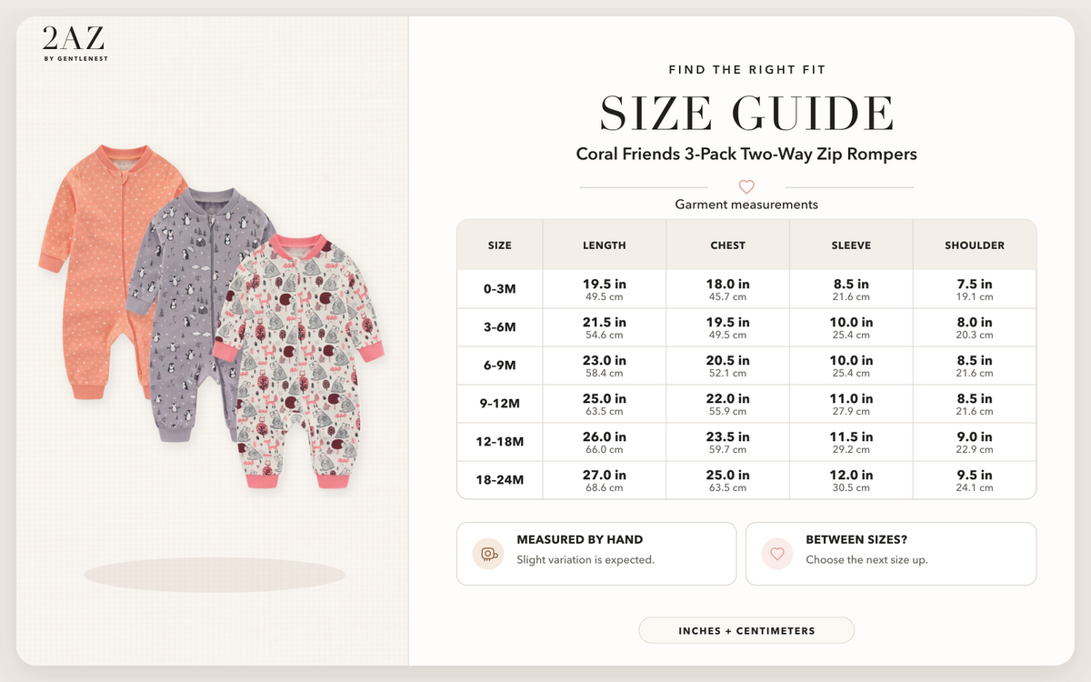 Product-specific size guide for Coral Friends 3-Pack Rompers