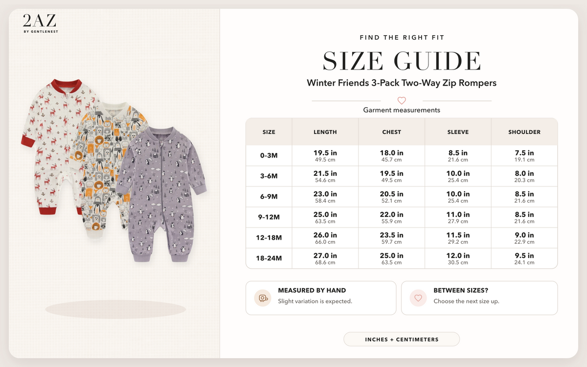 Product-specific size guide for Winter Friends 3-Pack Rompers