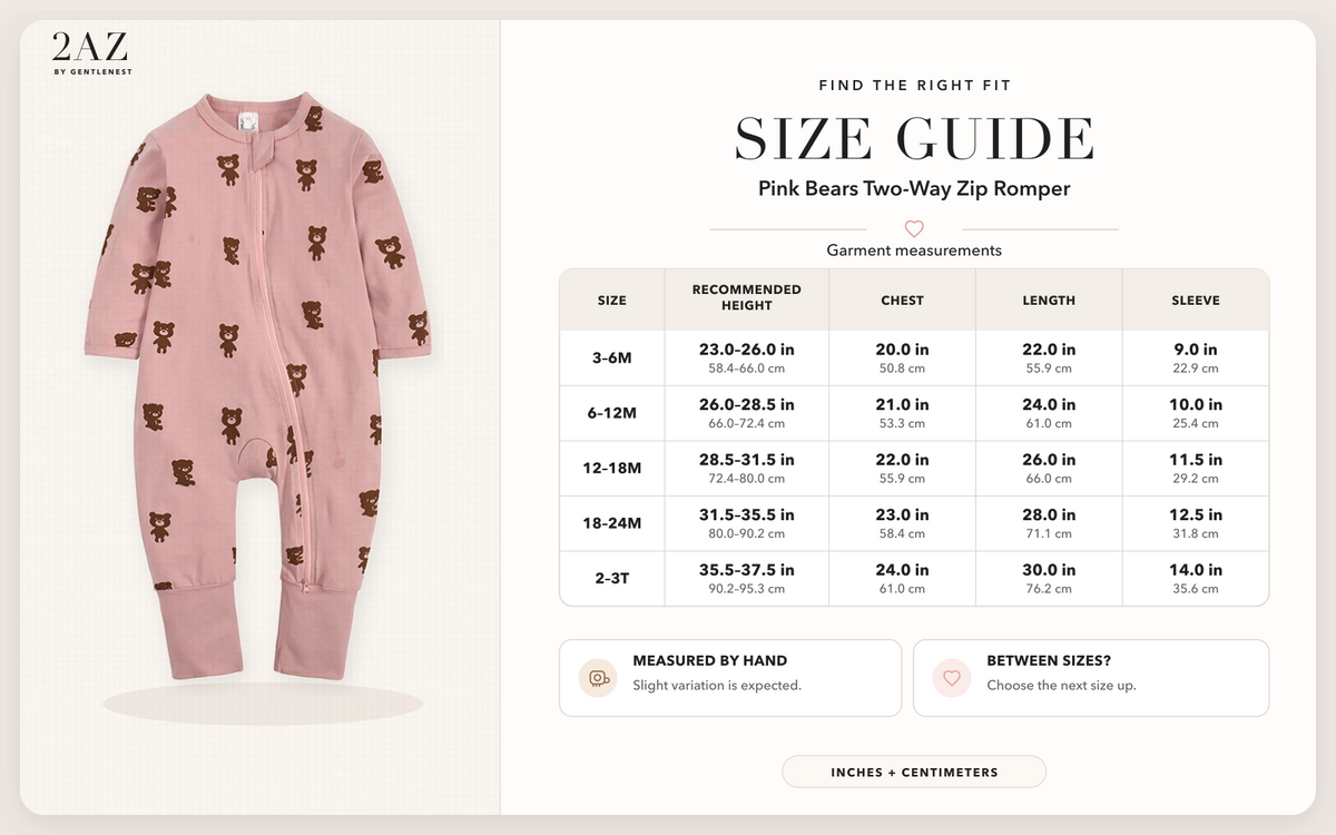 Product-specific size guide for Pink Bears Romper