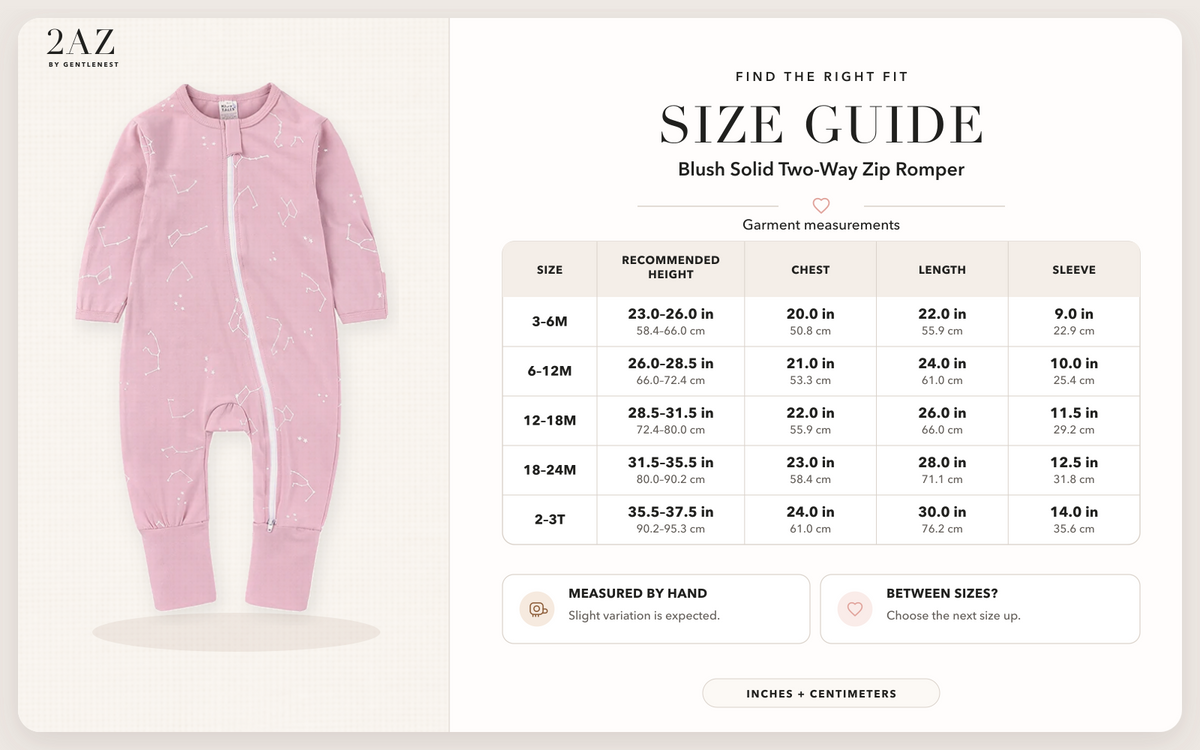 Product-specific size guide for Blush Solid Romper