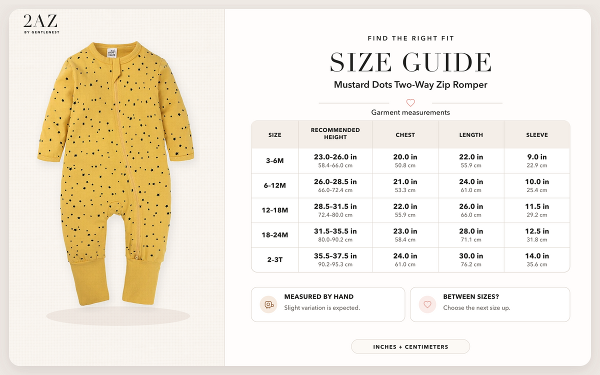 Product-specific size guide for Mustard Dots Romper