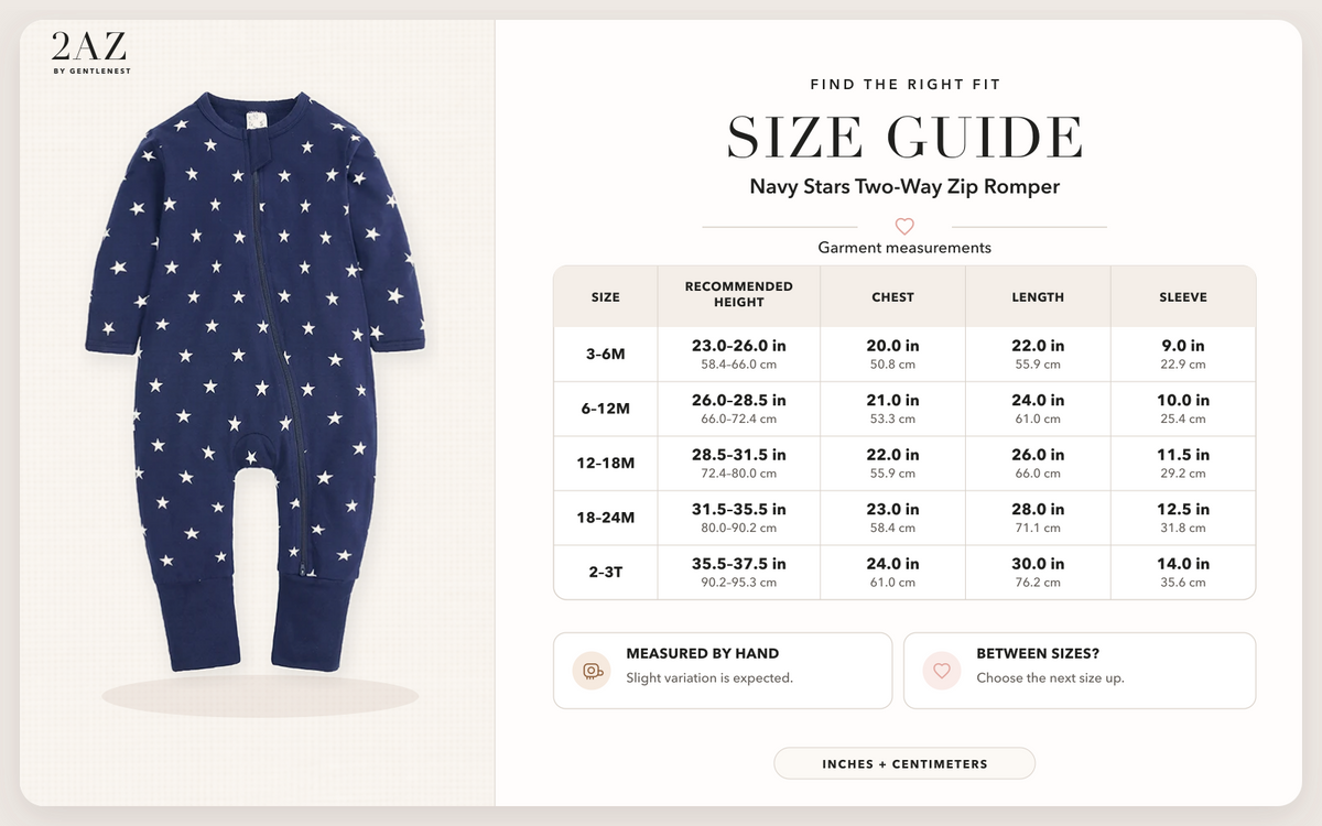 Product-specific size guide for Navy Stars Romper