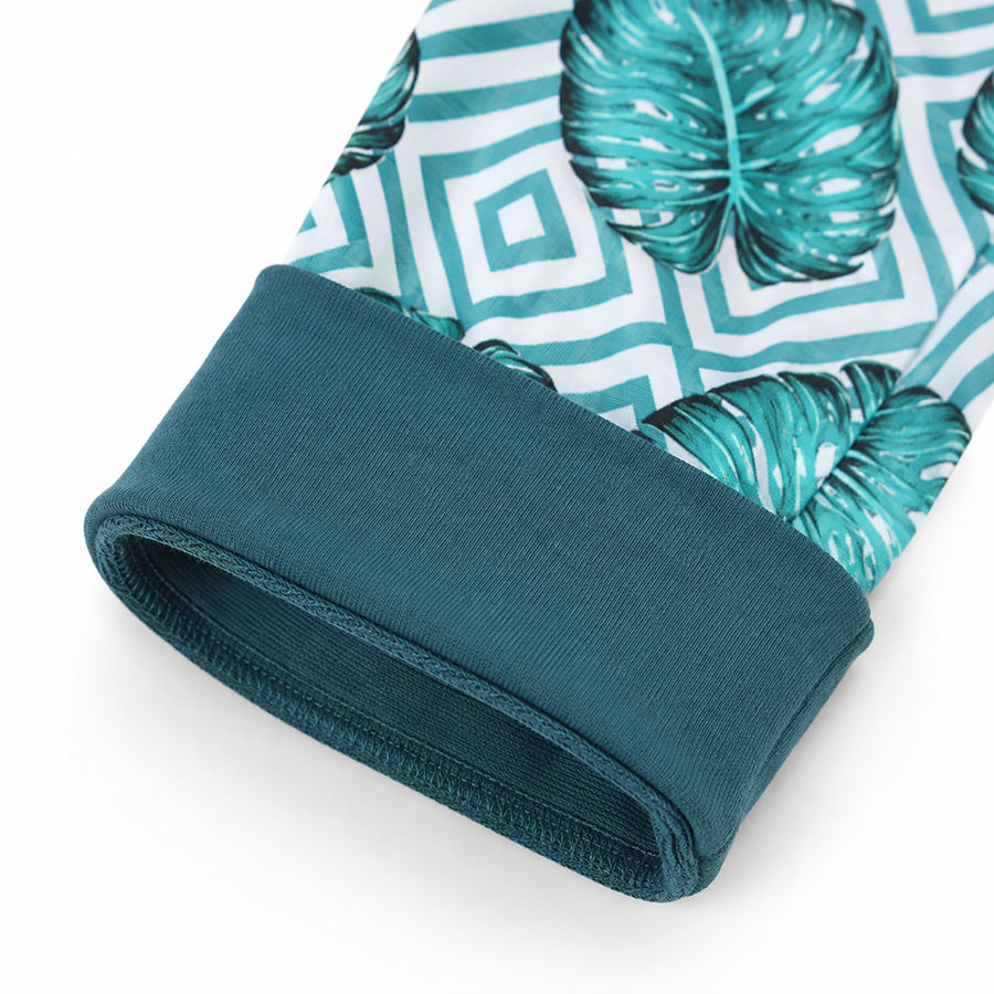 Teal Geometric Leaves Romper — Teal Geometric Leaves — Cuff and foot detail — image 4