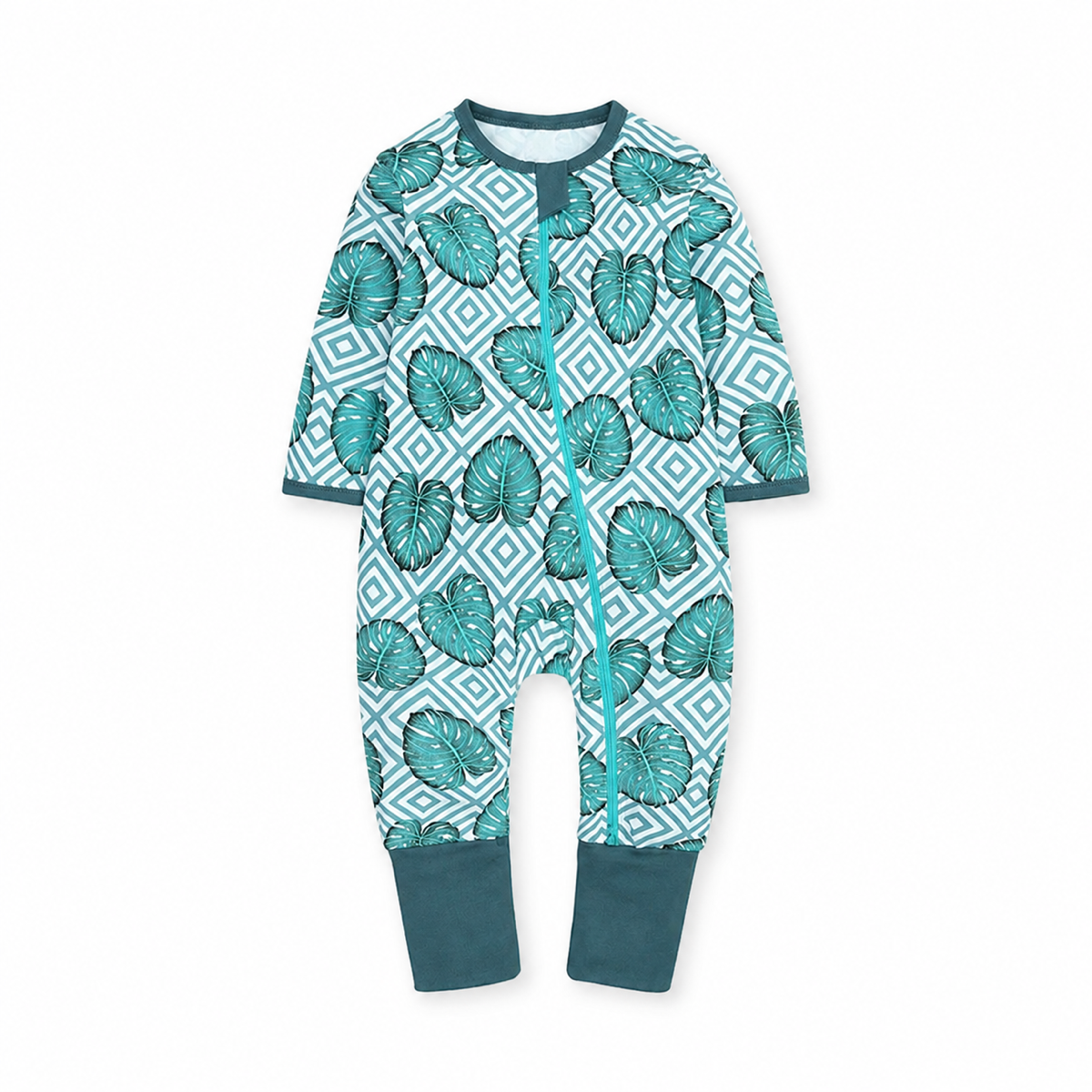 Teal Geometric Leaves Romper — Teal Geometric Leaves — Front view — image 1