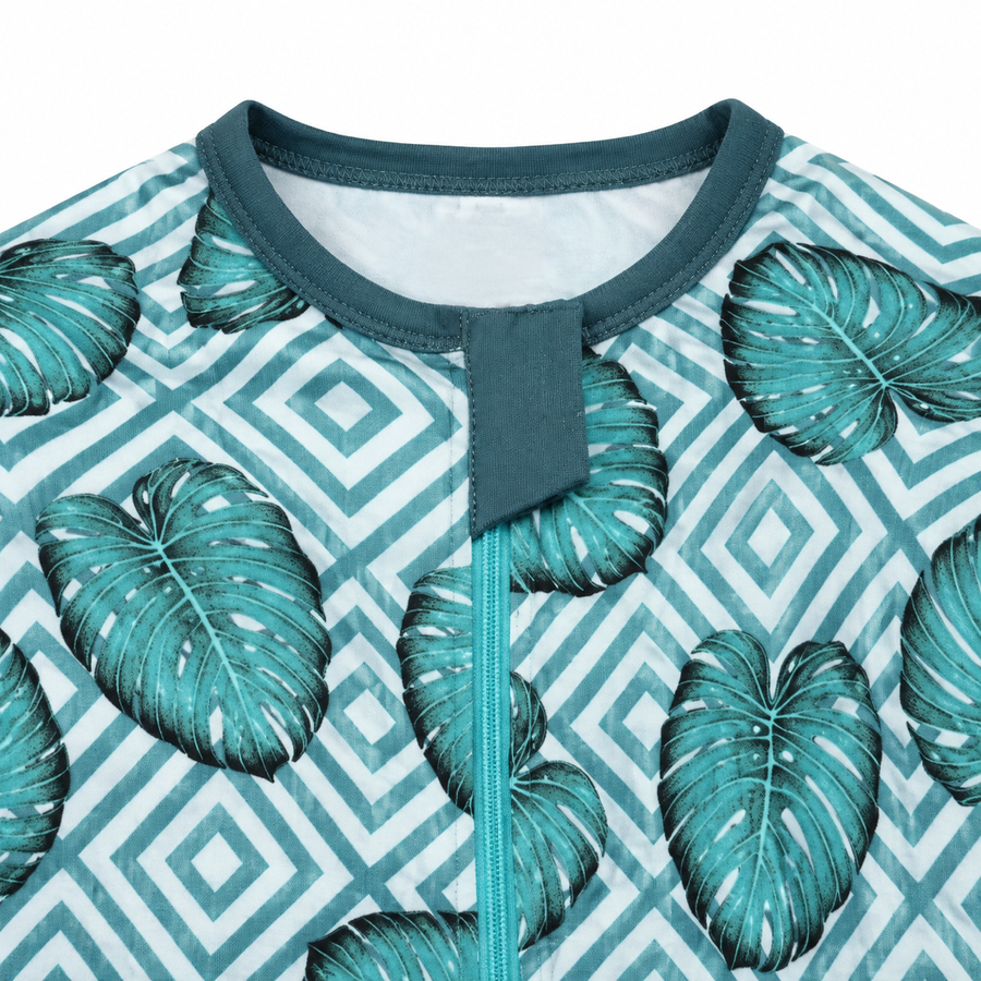 Teal Geometric Leaves Romper — Teal Geometric Leaves — Zipper detail — image 3