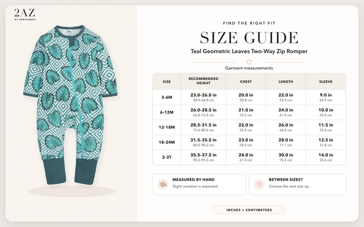 Product-specific size guide for Teal Geometric Leaves Romper
