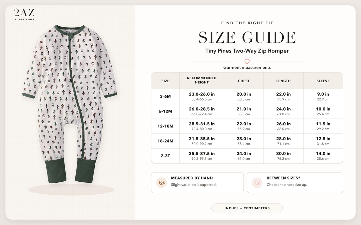 Product-specific size guide for Tiny Pines Romper