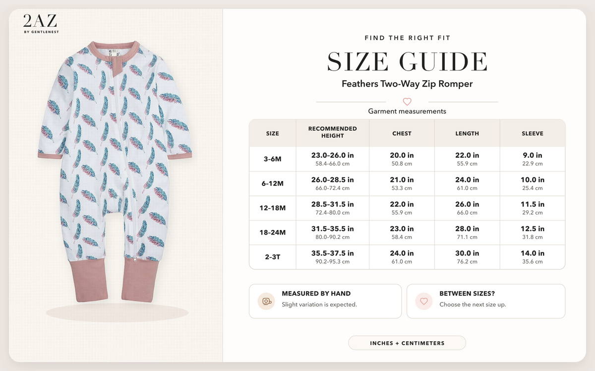 Product-specific size guide for Feathers Romper