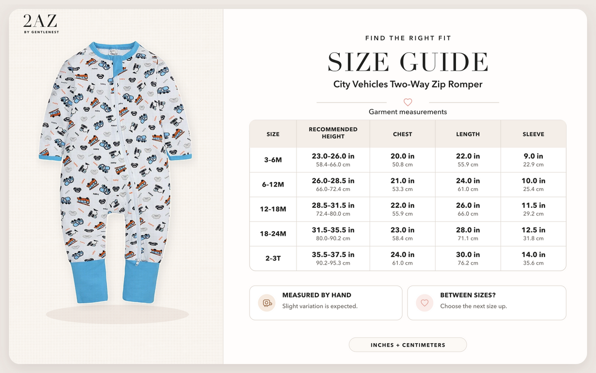 Product-specific size guide for City Vehicles Romper
