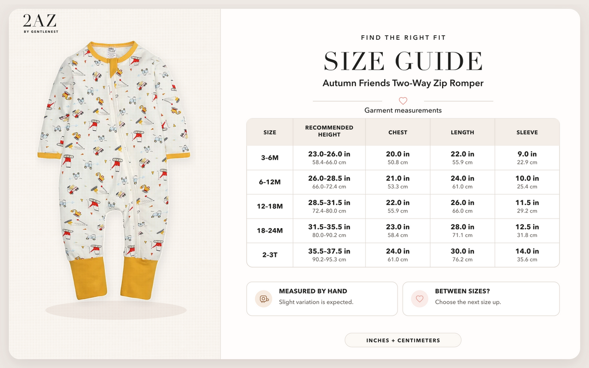 Product-specific size guide for Autumn Friends Romper