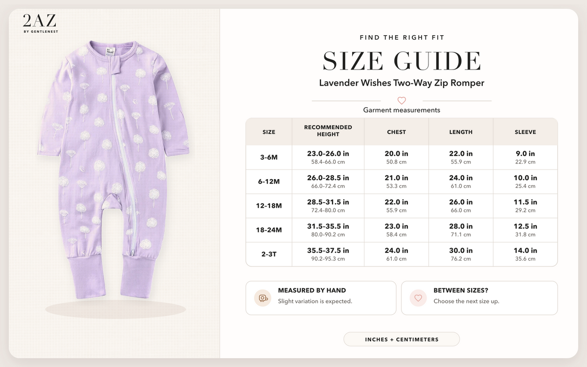 Product-specific size guide for Lavender Wishes Romper