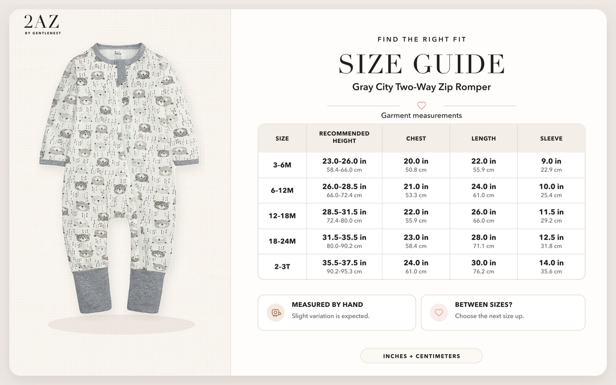 Product-specific size guide for Gray City Romper