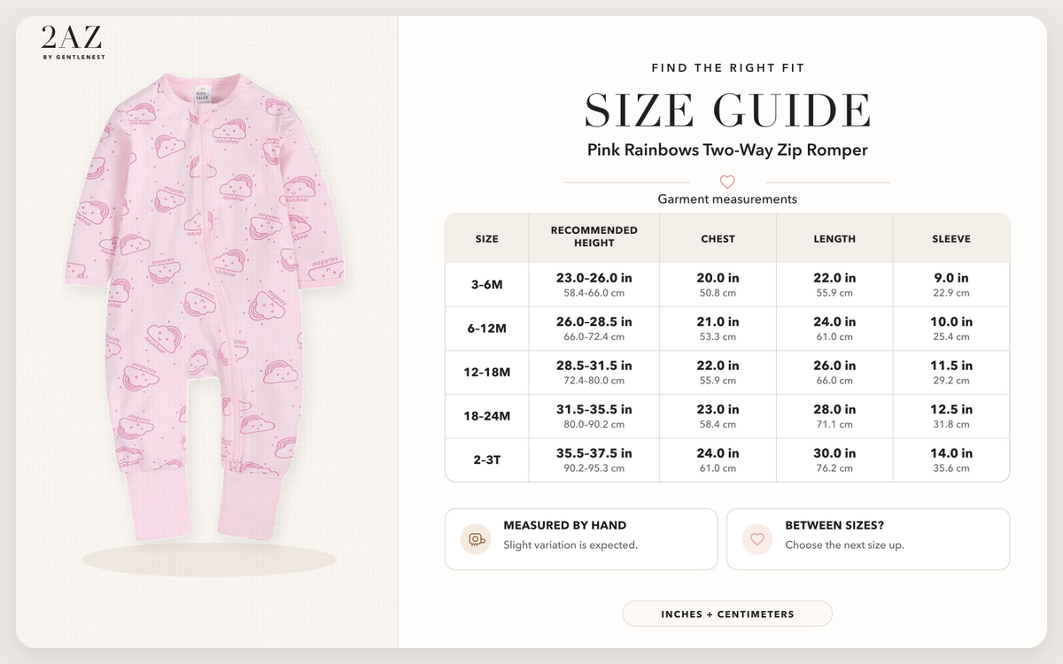 Product-specific size guide for Pink Rainbows Romper