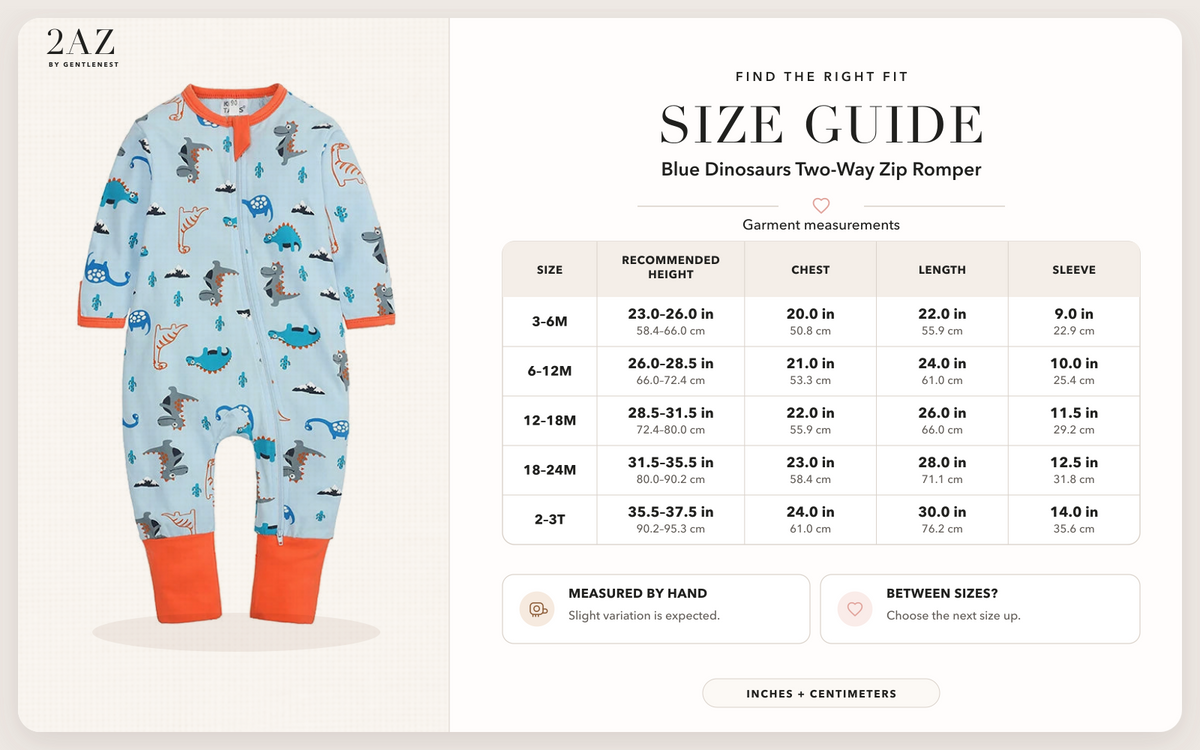 Product-specific size guide for Blue Dinosaurs Romper