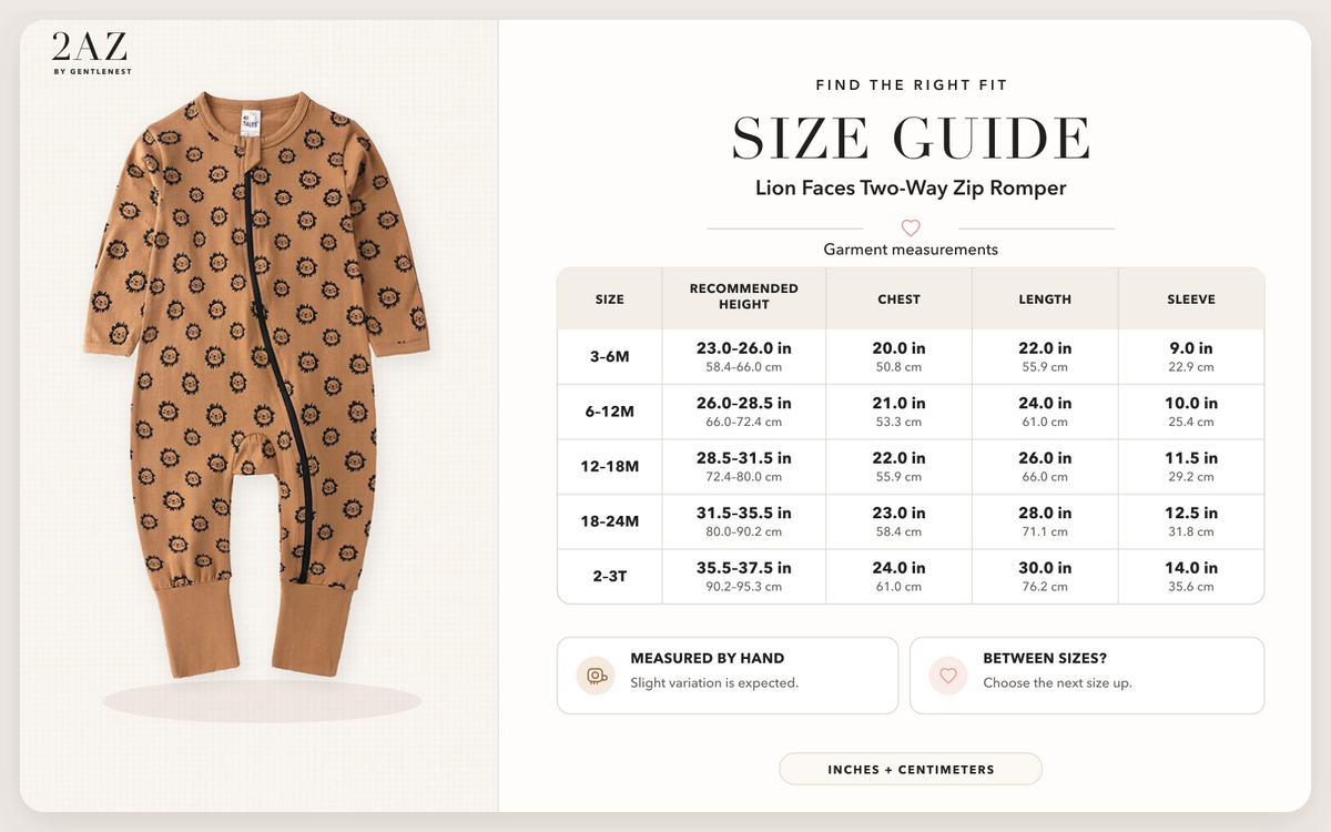 Product-specific size guide for Lion Faces Romper