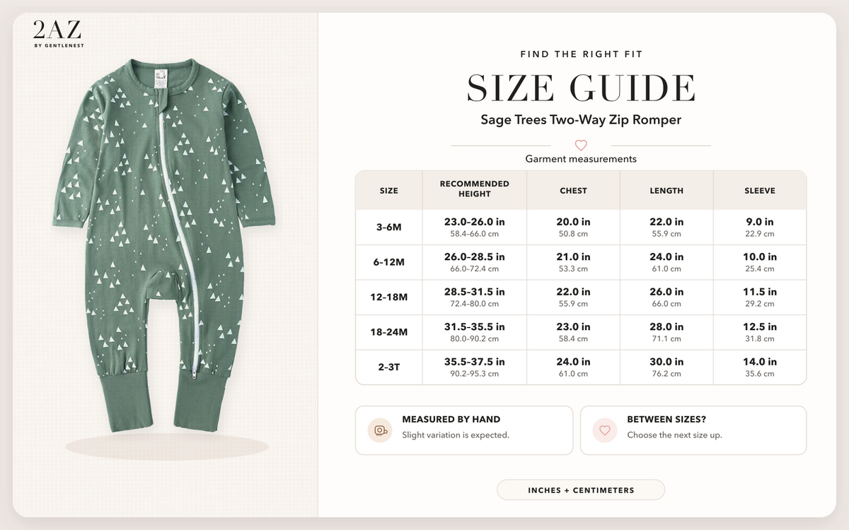 Product-specific size guide for Sage Trees Romper