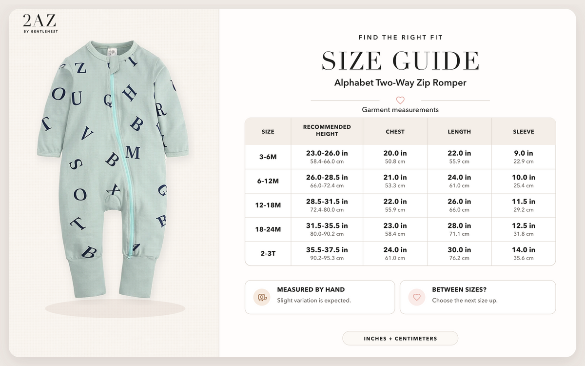 Product-specific size guide for Alphabet Romper