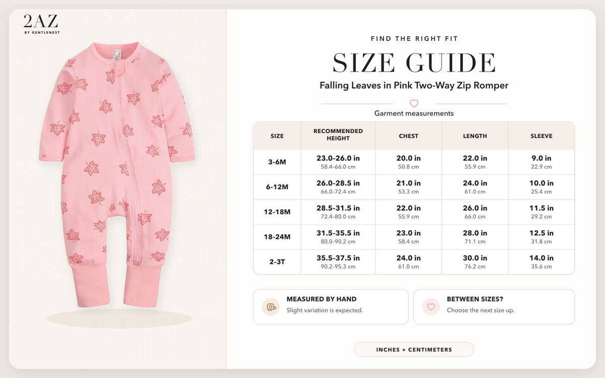 Product-specific size guide for Falling Leaves in Pink Romper