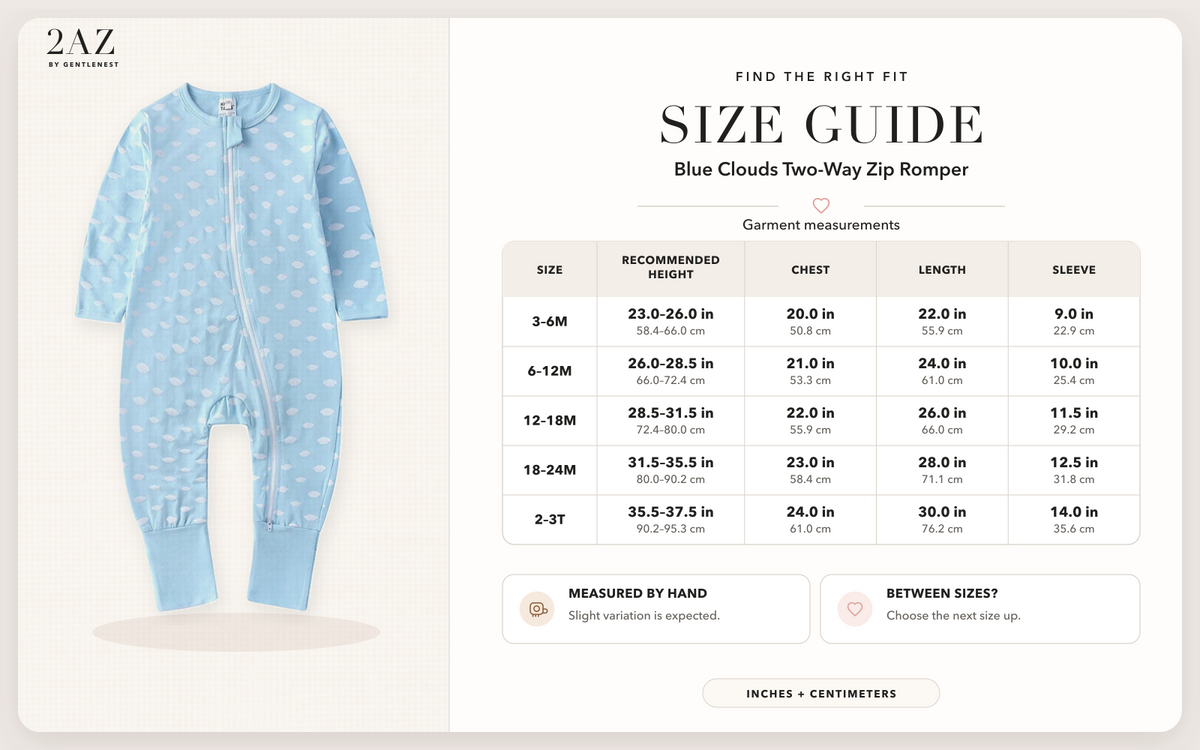 Product-specific size guide for Blue Clouds Romper