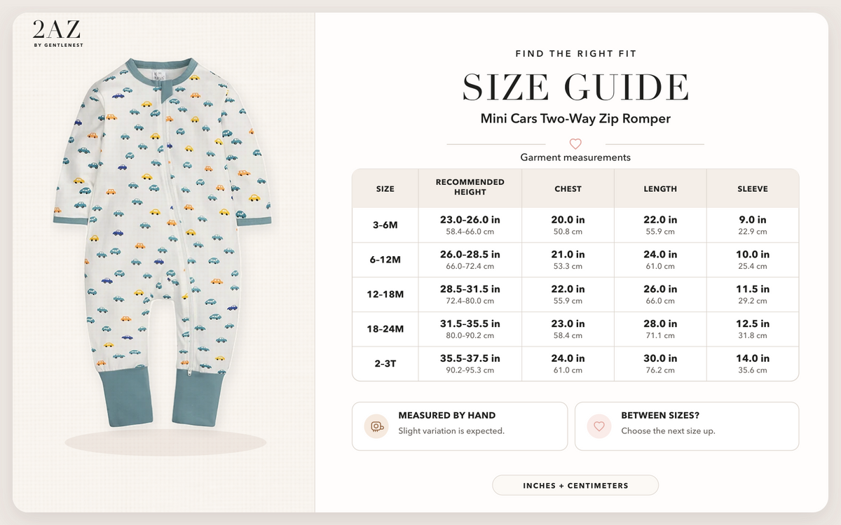 Product-specific size guide for Mini Cars Romper
