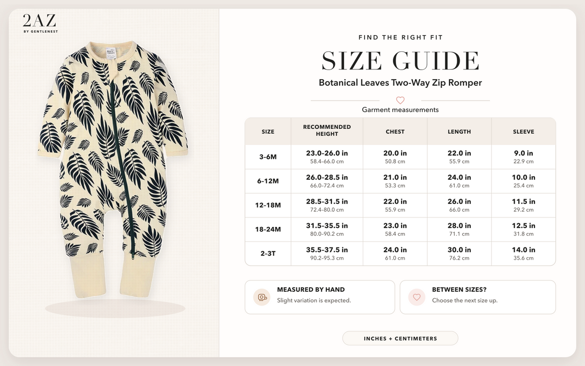 Product-specific size guide for Botanical Leaves Romper