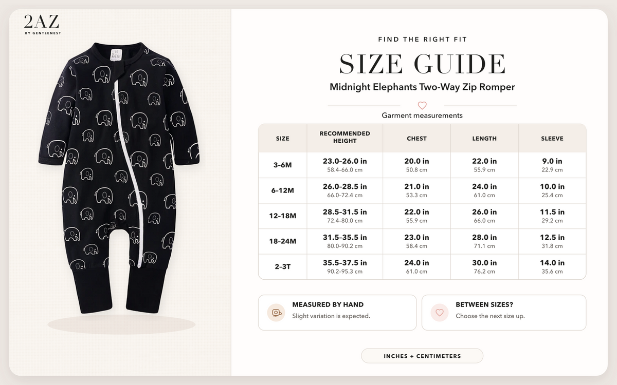 Product-specific size guide for Midnight Elephants Romper