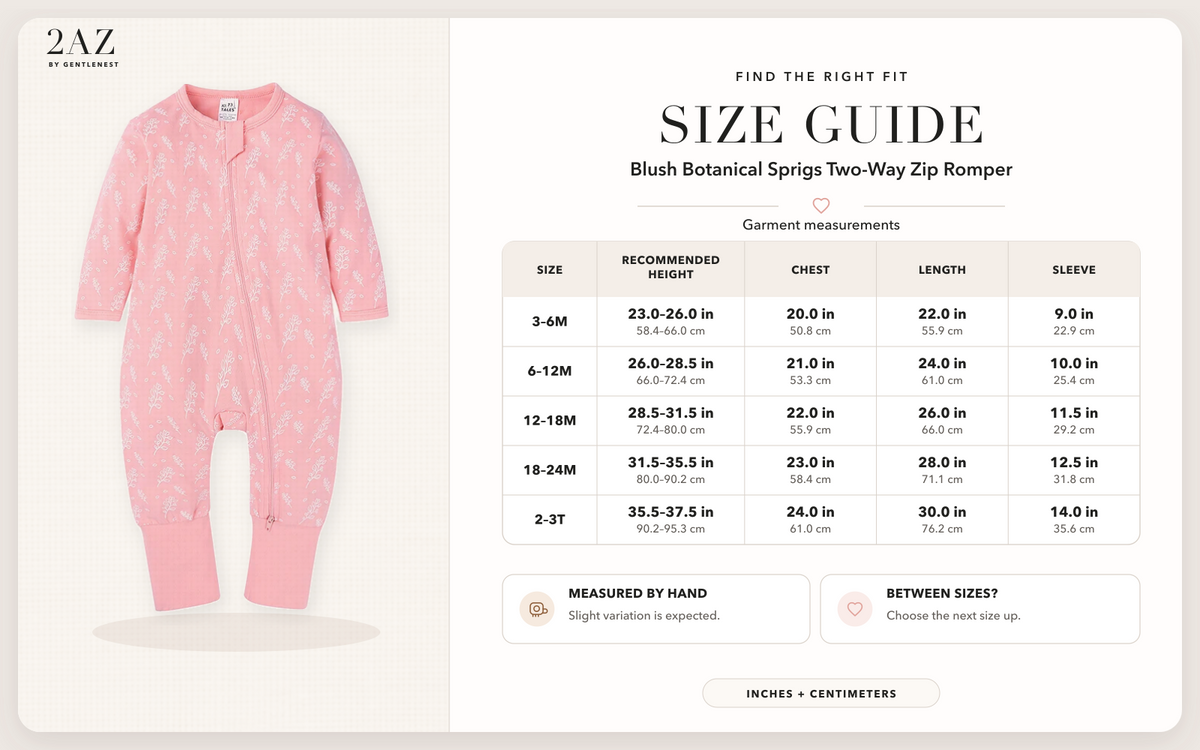 Product-specific size guide for Blush Botanical Sprigs Romper