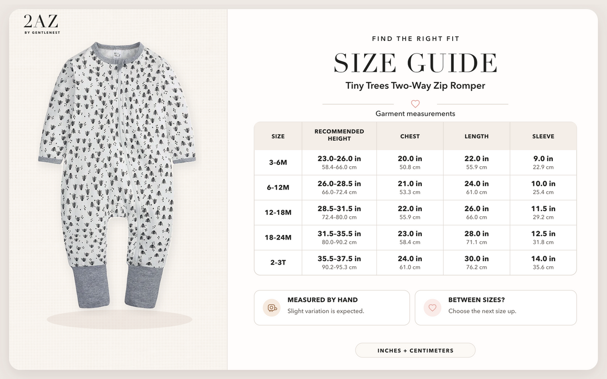 Product-specific size guide for Tiny Trees Romper