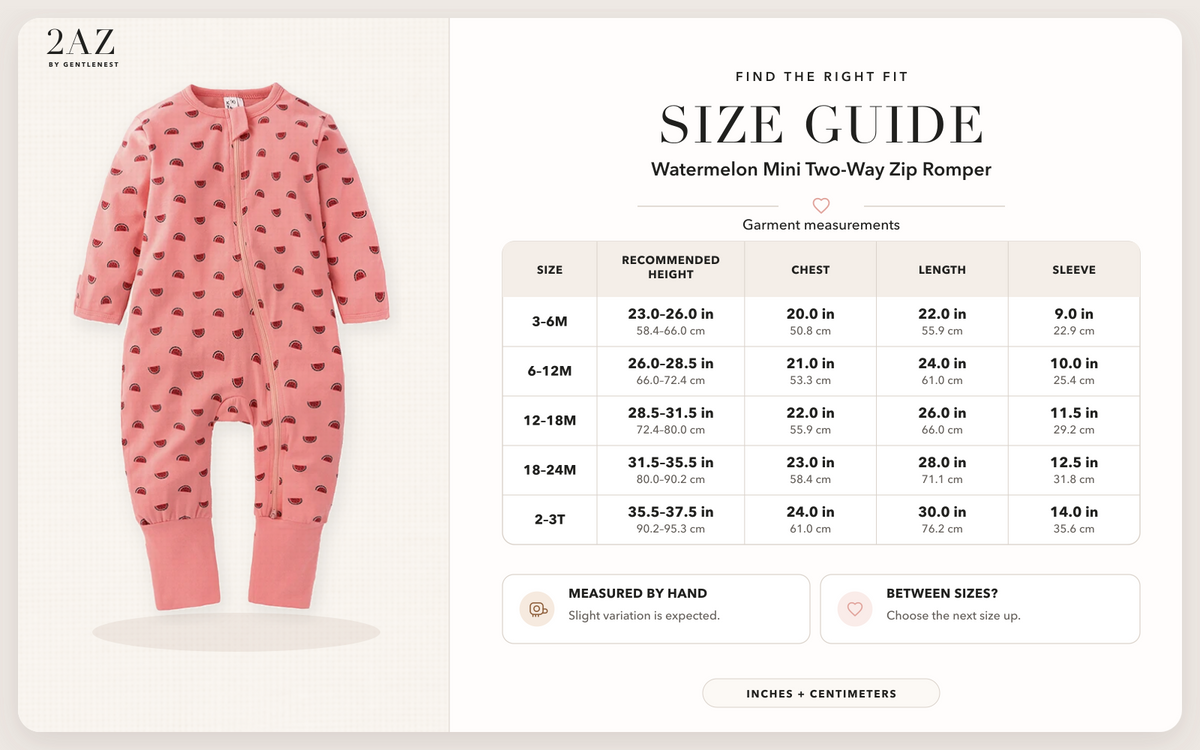 Product-specific size guide for Watermelon Mini Romper