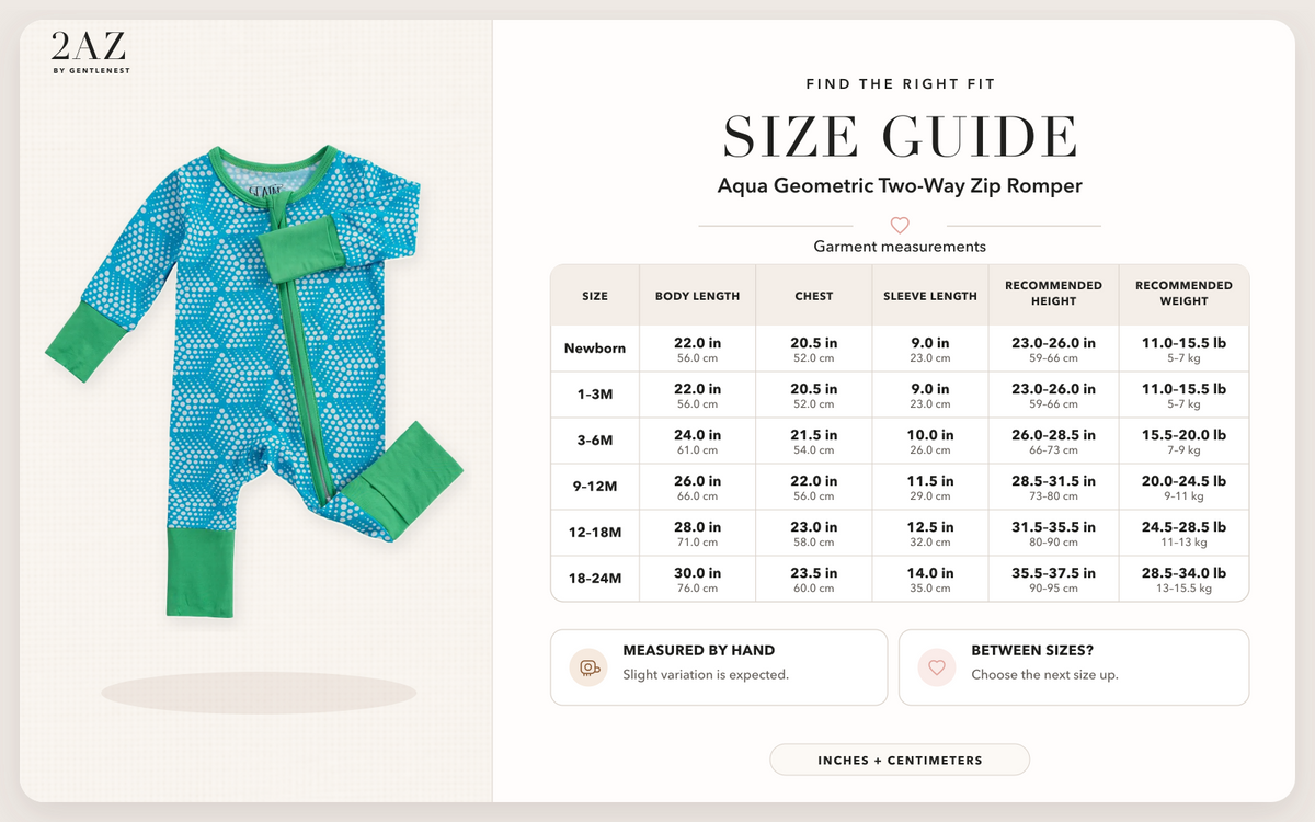Product-specific size guide for Aqua Geometric Romper
