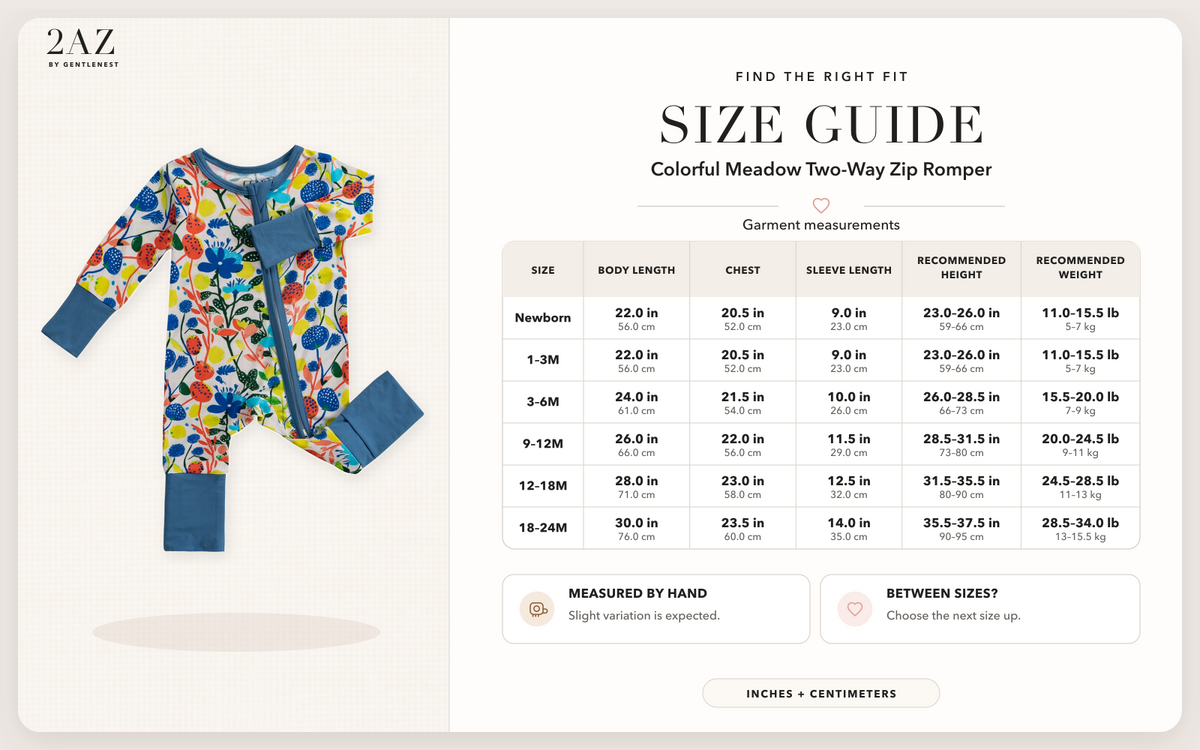 Product-specific size guide for Colorful Meadow Romper