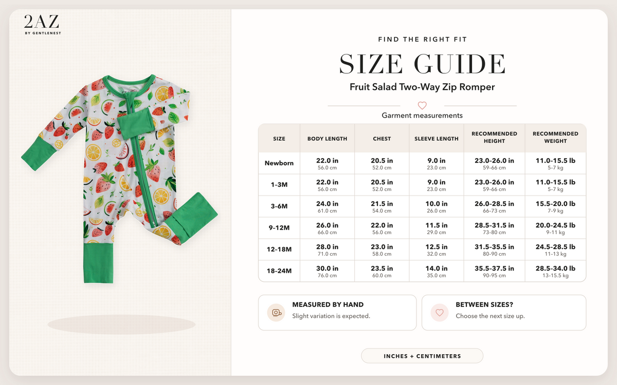 Product-specific size guide for Fruit Salad Romper