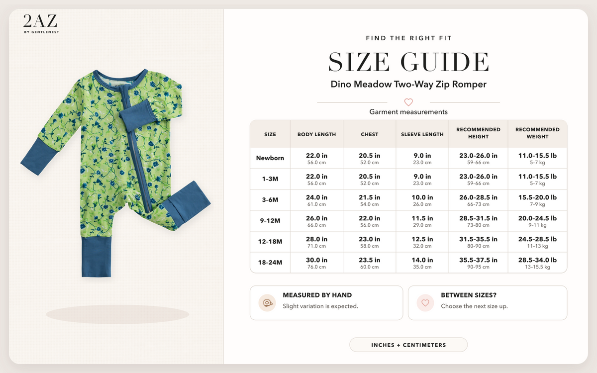 Product-specific size guide for Dino Meadow Romper
